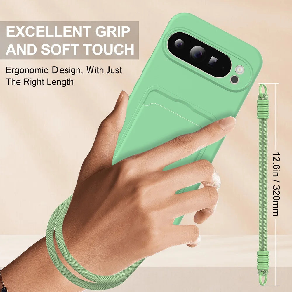 Soft Liquid Silicone Phone Case For Google Pixel 9 Pro XL Pixel 10 9 8 Pro 8A with Lanyard Card Case Shockproof Protective Cover