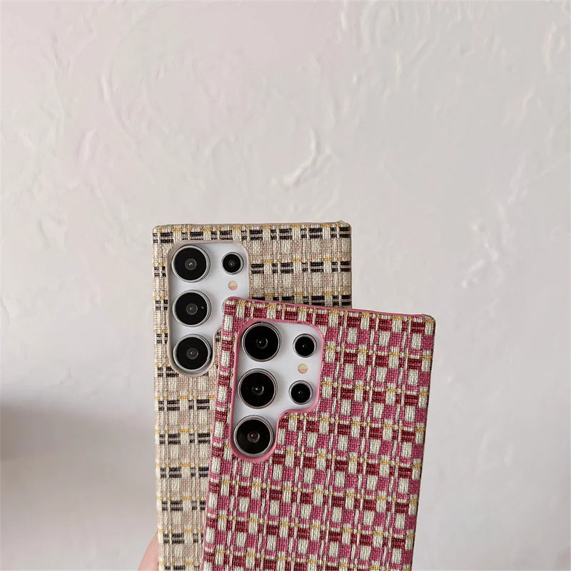 Fashion Grid Woven Cloth Braid Contrasting Color Breathable Phone Case For Samsung Galaxy S24 S23 S22 Ultra TPU Shockproof Cover