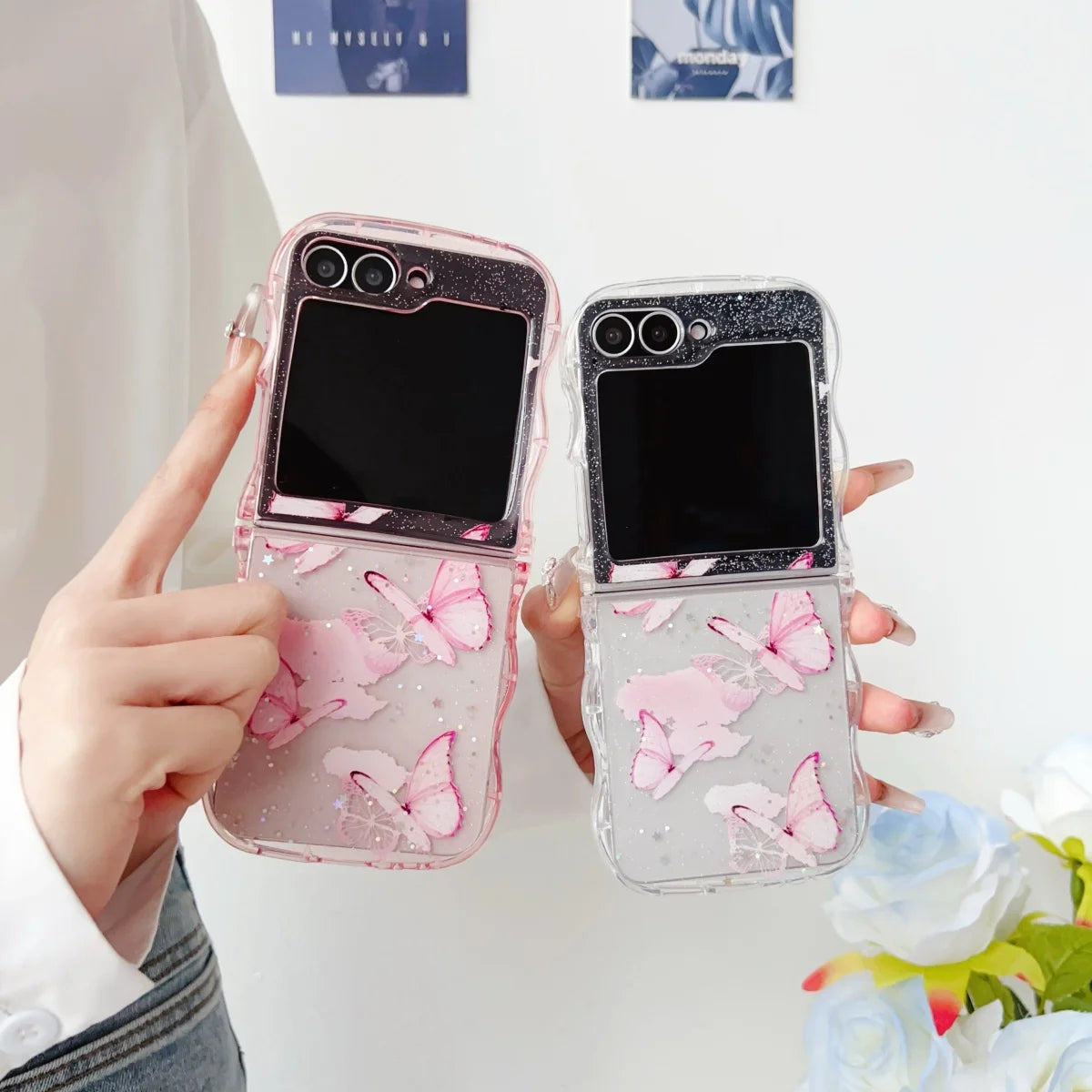Luxury Cute Arc Wave Butterfly Bling Glitter Laser Sequins Case For Samsung Galaxy Z Flip 6 5 4 3 Soft Silicone Shockproof Cover