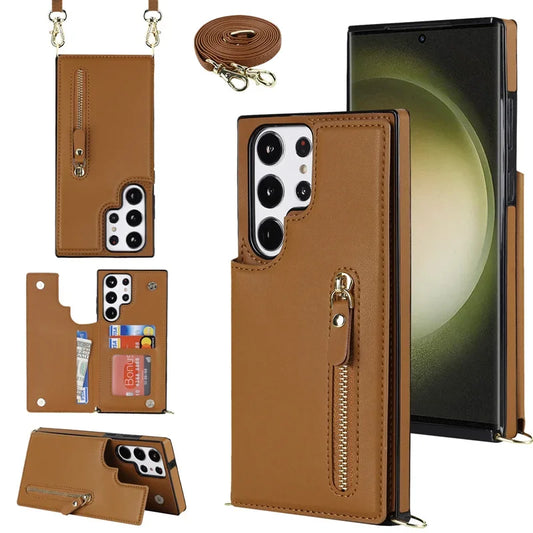 Crossbody Zipper Wallet with Card Holder Phone Case for Samsung Galaxy S23 S21FE S25 S24 S22 Plus Note 20 Ultra Leather Cover