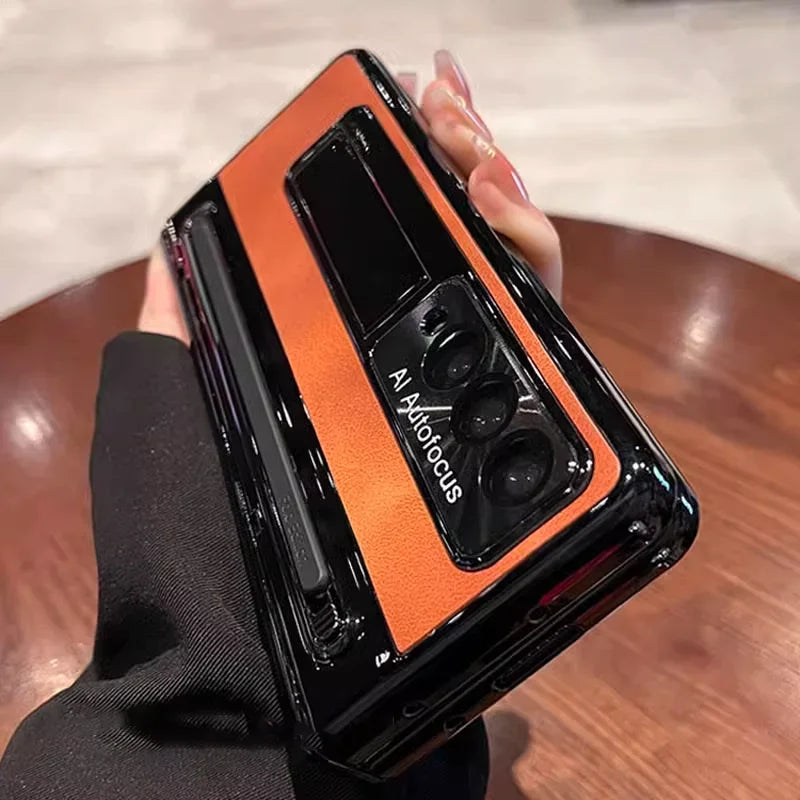 Leather Bracket Pen Slot With Stylus Case For Samsung Galaxy Z Fold 7 6 Fold 5 Fold4 W25 5G Glass Screen Hinge Protection Cover