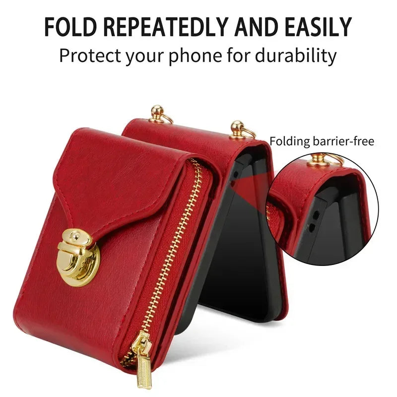 Lanyard Leather Zipper Wallet Card Slot Phone Case for Samsung Galaxy Z Flip 6 5 4 3 Lanyard Purse Bag Flip Stand Cover Back Bag