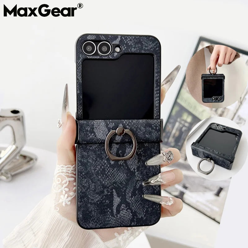 Luxury Lizard Texture Leather Foldable Phone Case For Samsung Galaxy Z Flip 3 4 5 6 Ring Holder Shockproof Proteciton Back Cover