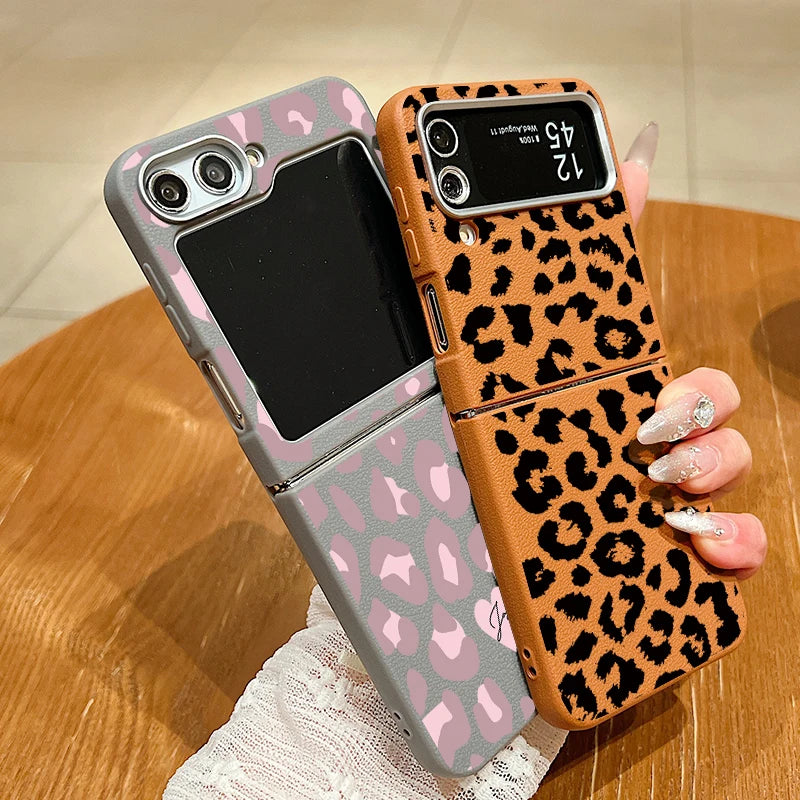 Leopard Pattern Magnetic Case For Magsafe For Samsung Galaxy Z Flip 6 5 4 3 Flip4 Flip5 Flip6 Leather Texture TPU Folding Cover