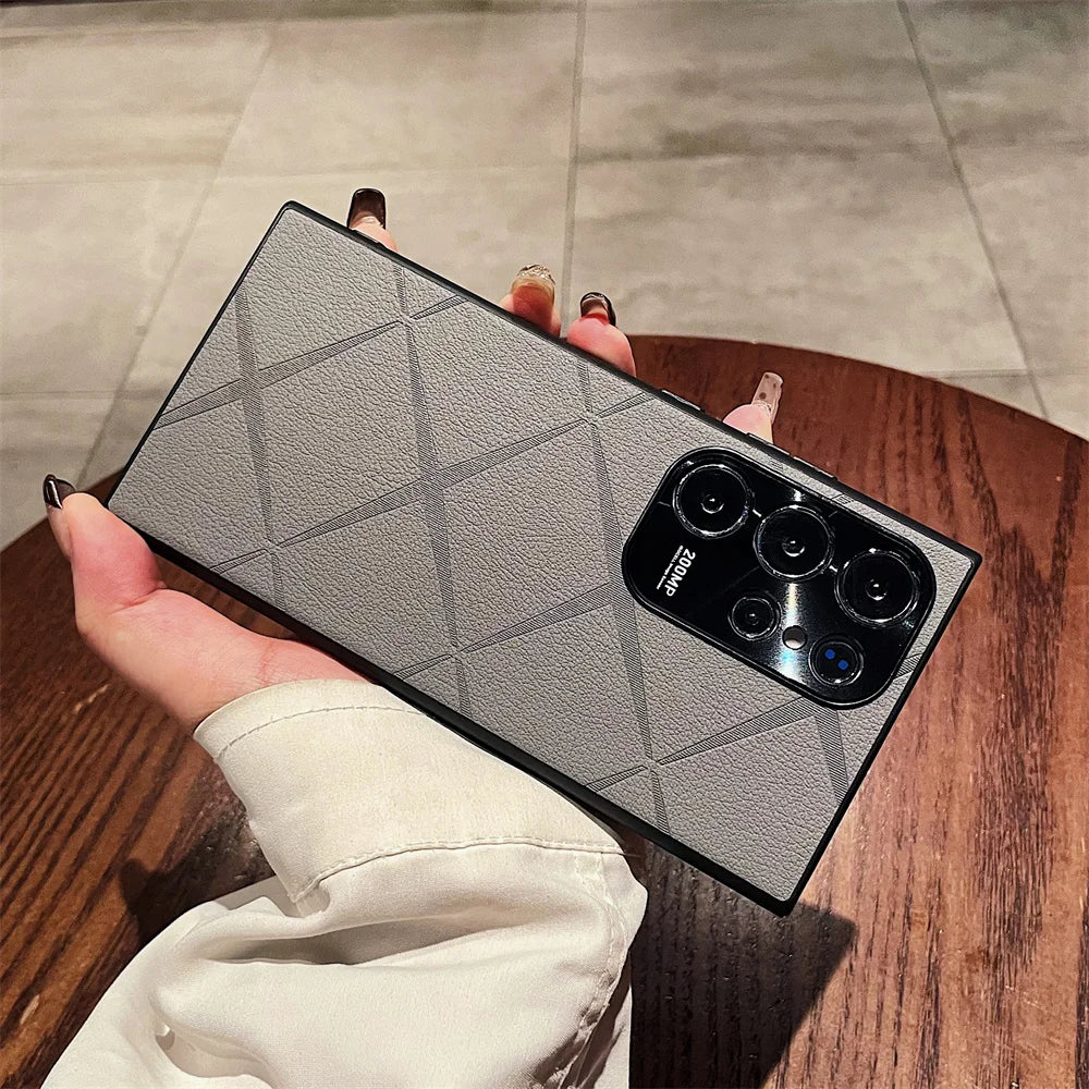 Luxury Plain Leather Diamond Grid Pattern Case For Samsung S25 Plus S24 S23 Ultra S22 Plating Alloy Camera Lens Protection Cover