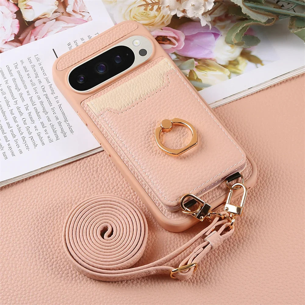 Crossbody Strap Lanyard Wallet Case with Card Slots Ring Holder Kickstand For Google Pixel 9a 8 9 Pro XL 8a 7a PU Leather Cover