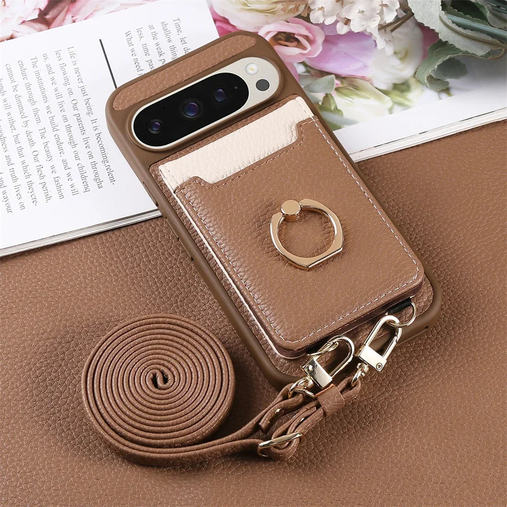 Crossbody Strap Lanyard Wallet Case with Card Slots Ring Holder Kickstand For Google Pixel 9a 8 9 Pro XL 8a 7a PU Leather Cover