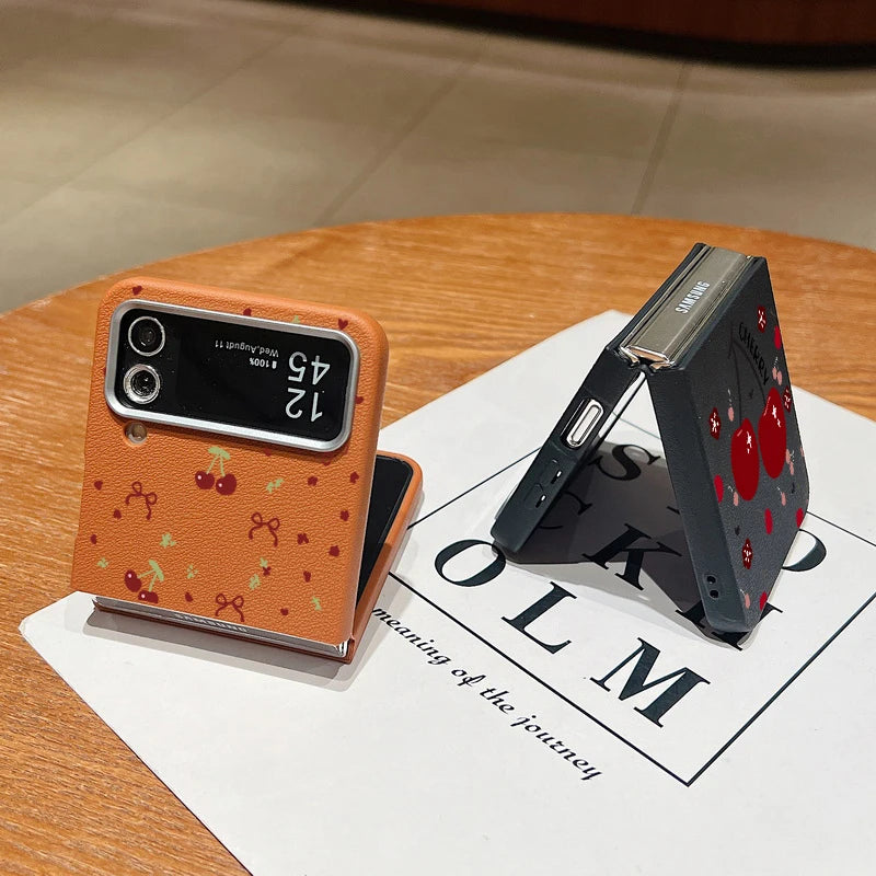 For Samsung Galaxy Z Flip 3 4 5 6 5G Leather Texture Phone Case Cherry Pattern Soft TPU Folding Cover For Samsung Z Flip5 Flip4