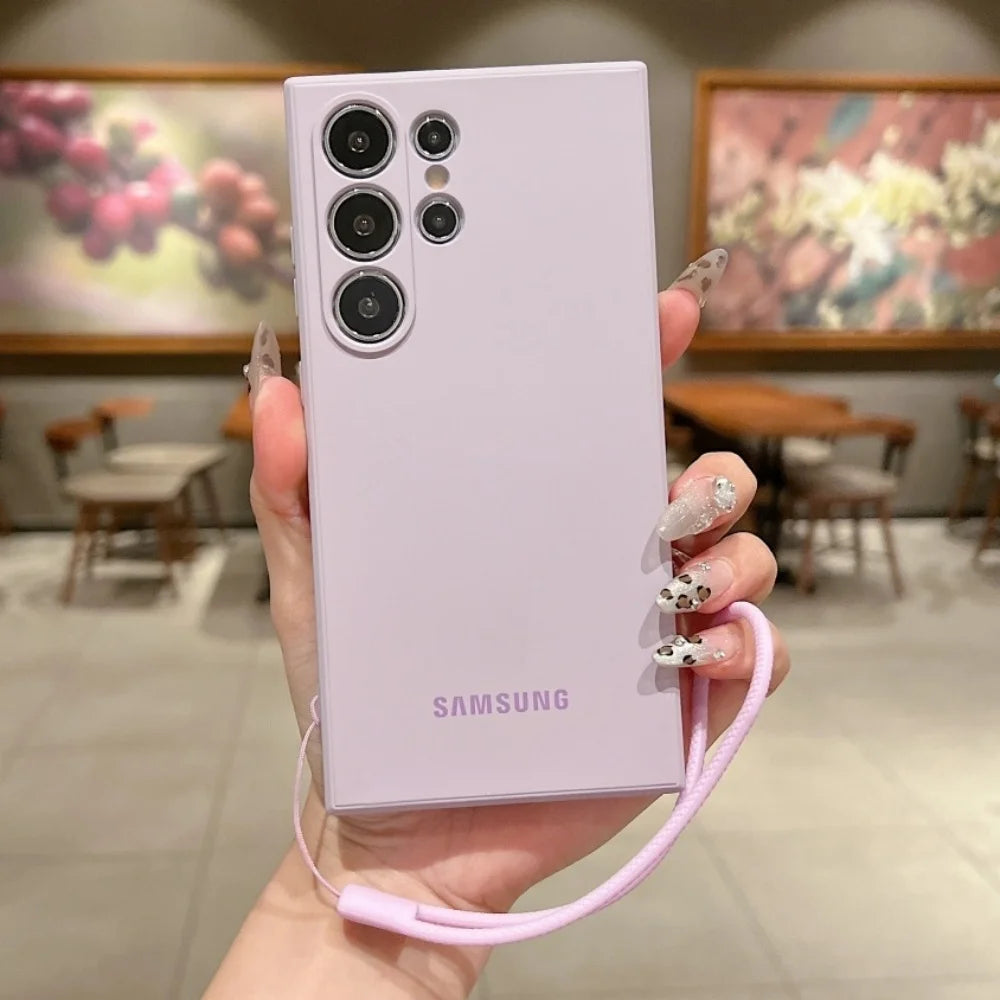 Original Liquid Silicone Wrist Strap Soft Case Samsung Galaxy S25 S24 Ultra S23 S22 Plus S21 FE Lens Protection Thickened Cover