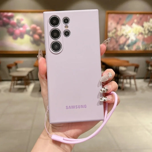 Original Liquid Silicone Wrist Strap Soft Case Samsung Galaxy S25 S24 Ultra S23 S22 Plus S21 FE Lens Protection Thickened Cover