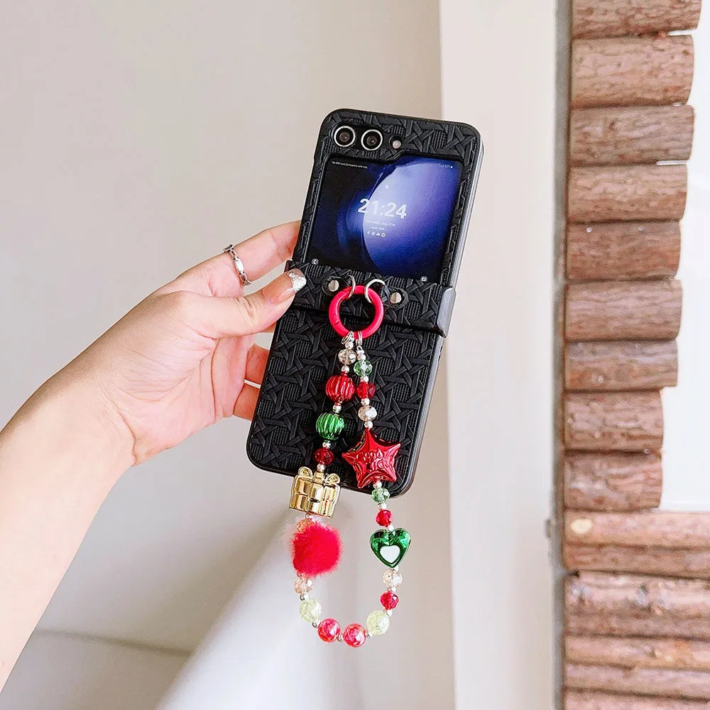 For Moto Motorola Razr 50 Ultra Cute Christmas Lucky Star Heart Fur Ball Pearl Wrist Chain Strap Phone Case Cover