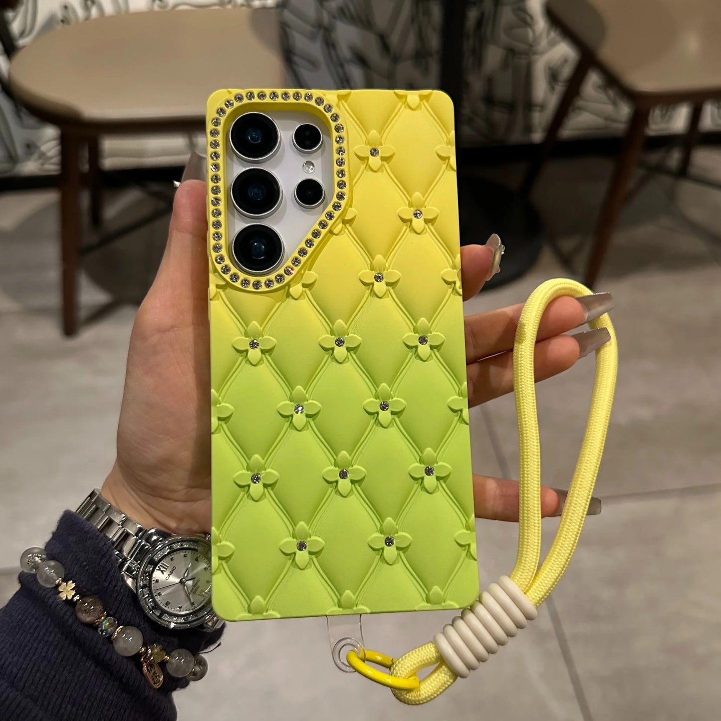 Luxury Glitter Diamond 6D Flowers S25 Edge Gradient Case For Samsung Galxy S25 S24 S23 Ultra Plus FE A26 A16 Wrist Strap Cover