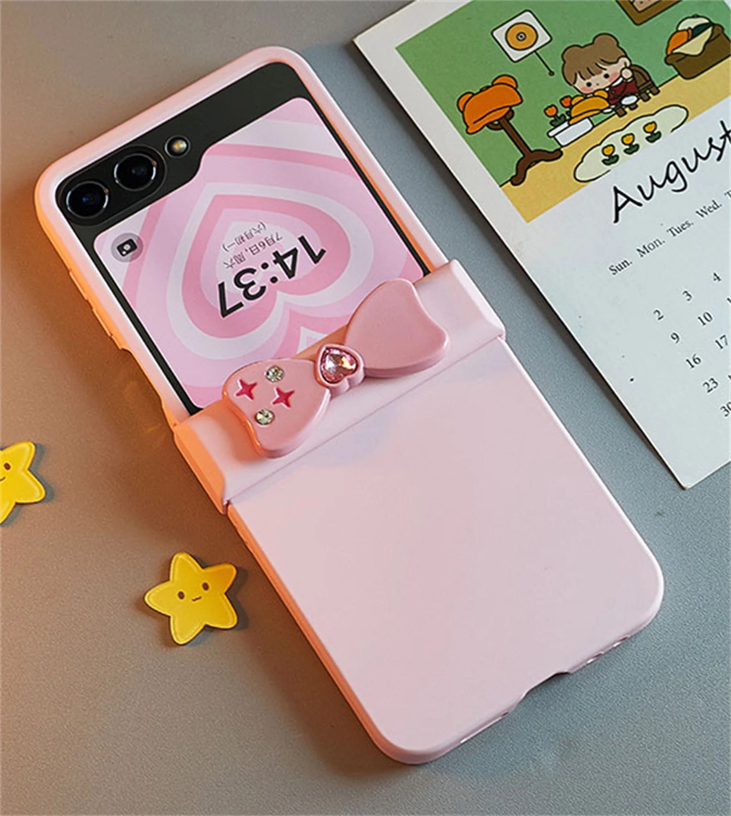 Fashion New Korean ins Pink Star Diamond Bow Solid Color Phone Case for Galaxy Z Flip 5 Z Flip5 5G Zflip5 Zflip 6 Cover Funda