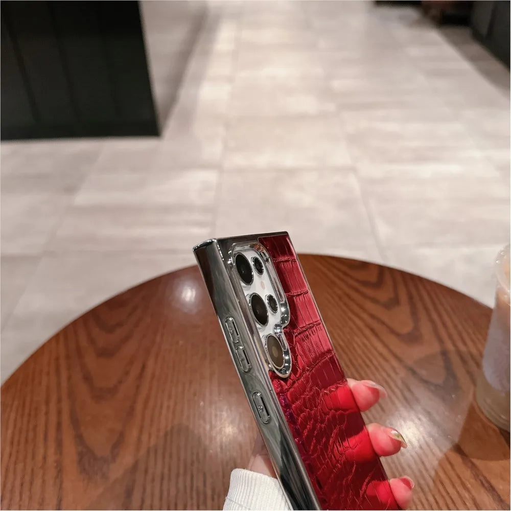 Luxury Gradient Crocodile Pattern Leather Laser Case For Samsung Galaxy S25 S24 S23 Ultra Plus Aurora Color Plating Hard Cover