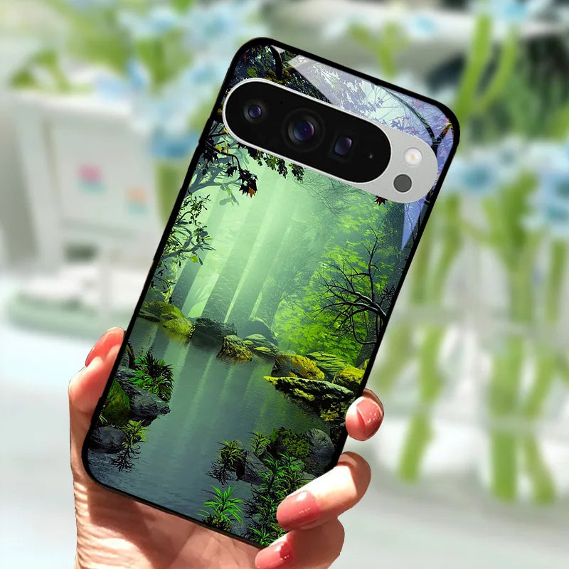 Fashion Glass Case For Google Pixel 9 Pro XL Tempered Glass  Black Phone Cover For Google Pixel 9a Pixel9 Funda Protector Cases