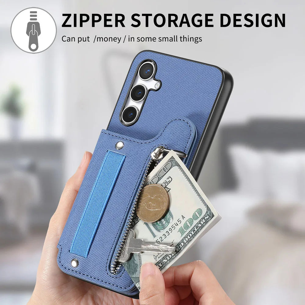 Zipper Cards Solt Wallet Leather Case For Samsung Galaxy A56 A55 A54 A53 A34 A36 A35 A25 A17 Elastic Rope Wrist Leather Cover