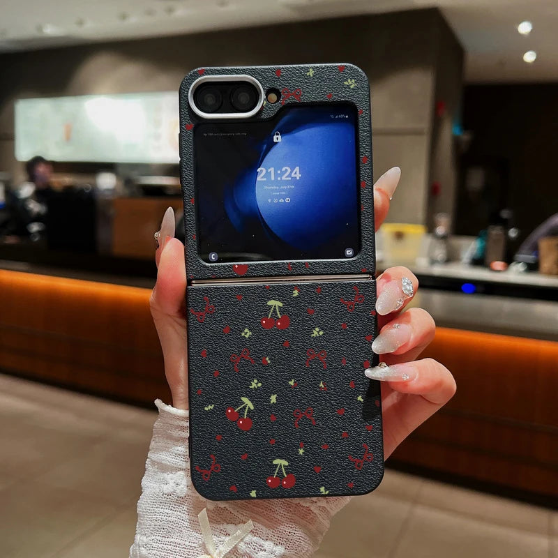 For Samsung Galaxy Z Flip 3 4 5 6 5G Leather Texture Phone Case Cherry Pattern Soft TPU Folding Cover For Samsung Z Flip5 Flip4
