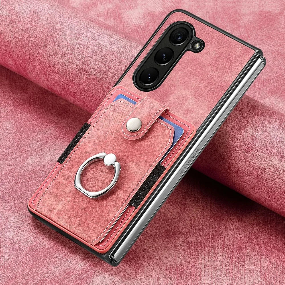 360 Rotating Ring Card Slot Holder Pocket Wallet Phone Case For Samsung Galaxy Z Fold 6 5 Fold6 Fold5 5G PU Leather Back Cover