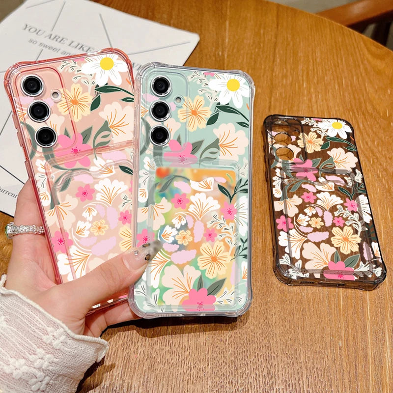Flower Card Bag Wallet Clear Case For Samsung Galaxy S25 S24 S22 Ultra S23 S21 FE A55 A54 A35 A25 A15 A16 5G A06 TPU Phone Cover
