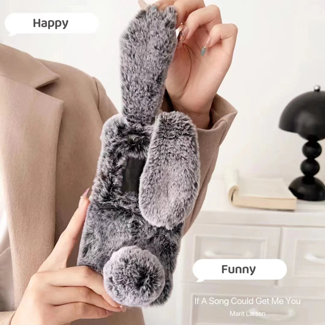 For Motorola Razr 50 Plus 40 Moto Razr40 Ultra 2023 2024 Luxury Cute Soft Fur Puff Rabbit Ear Phone Case Cover