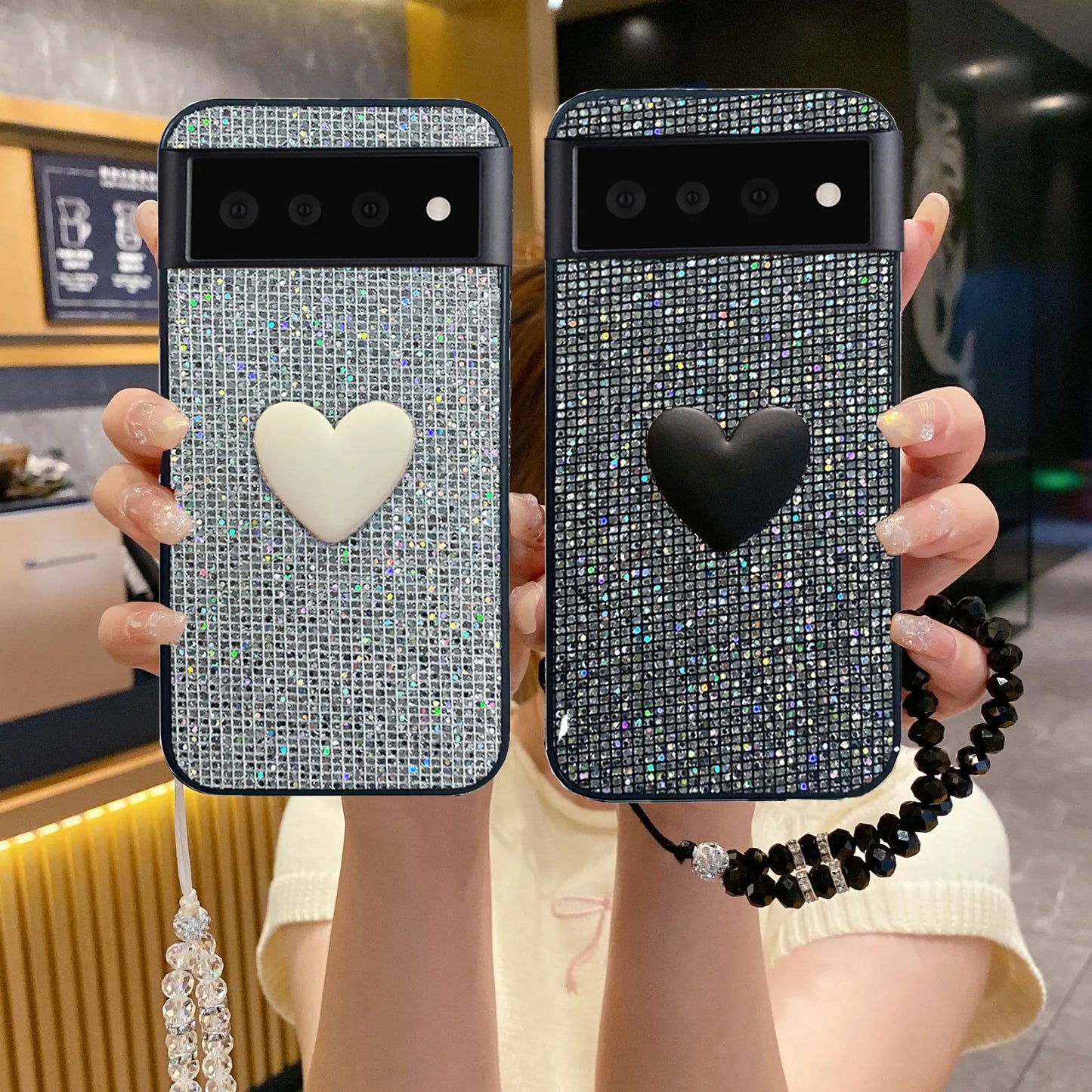 Fashion Love Heart Holder Hand Wrist Lanyard Glitter Leather Phone Case For Google 6 7 8 9 10 Pro XL 9A 8A 7A 6A Shiny Cover