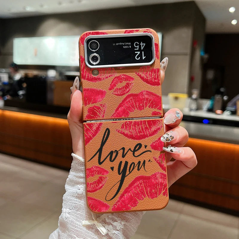 Red Lips Print Folding Phone Case For Samsung Galaxy Z Flip 6 5 4 3 Leather Texture TPU Cover For Samsung Z Flip6 Flip5 Flip4 5G