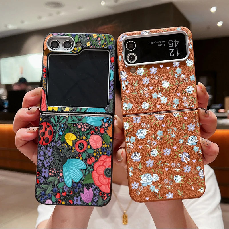 Romantic Garden Flower Case For Samsung Z Flip4 Flip5 Flip6 5G Leather Texture TPU Folding Cover For Samsung Galaxy Z Flip 3 4 5