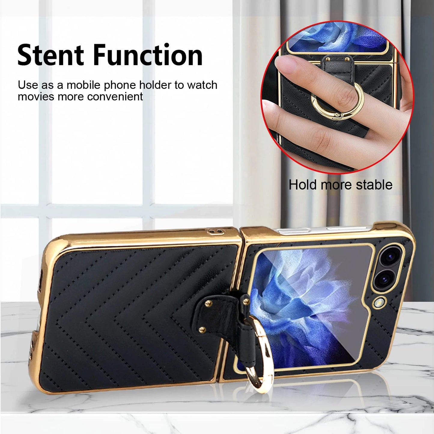 VIETAO Compatible With Samsung Galaxy Z Flip7 6 5 4 3 Golden Plated Finger Ring Holder Kickstand Leather Mobile Phone Case, Blue
