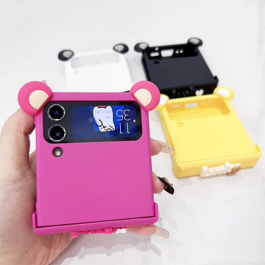 Korean Cute Pink Bear Ear Lucky Phone Case For Samsung Galaxy Z Flip 6 Zflip5 Cartoon For Z Flip3 Flip4 Hinge Protective Shell