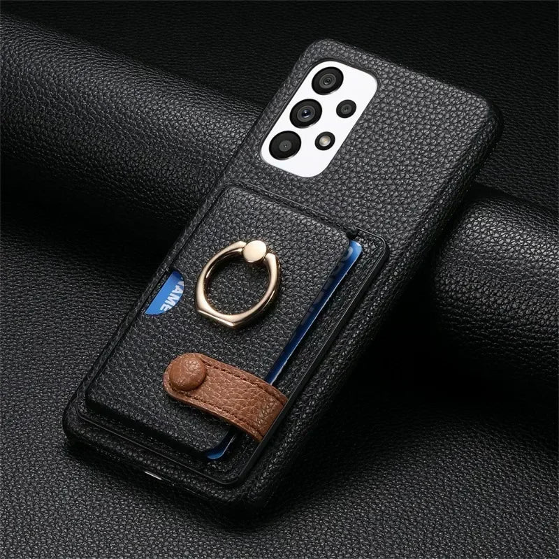 Ring Leather Phone Case for Samsung Galaxy S25 23 S21 FE S24 Ultra S22 Plus A54 A15 A25 A35 A55 Wallet  with Card Holder Cover