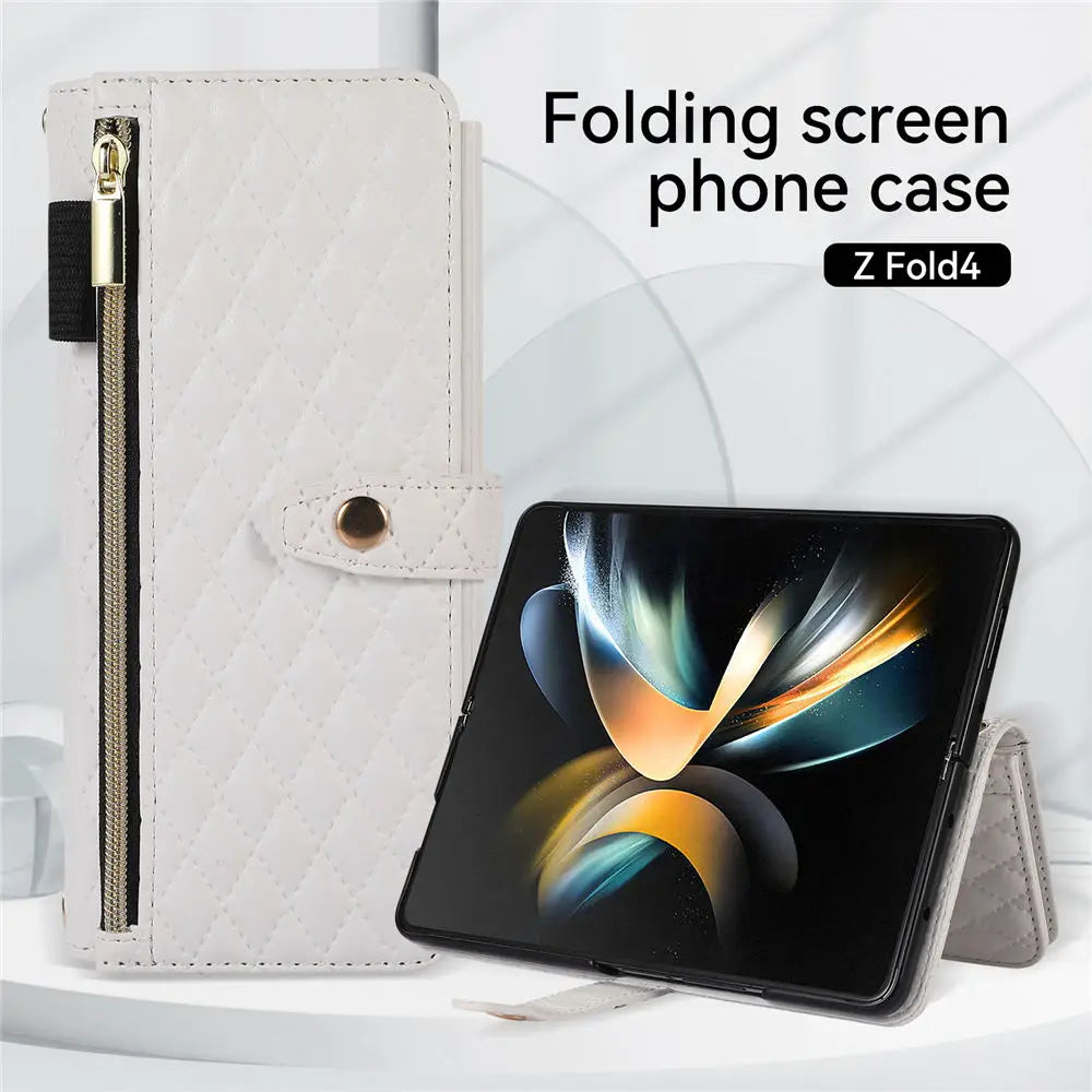 Rhombic Zipper Crossbody Wallet Case For Samsung Galaxy Z Fold 6 Fold 5 4 3 Cards Slots Long Lanyard Leather Cover