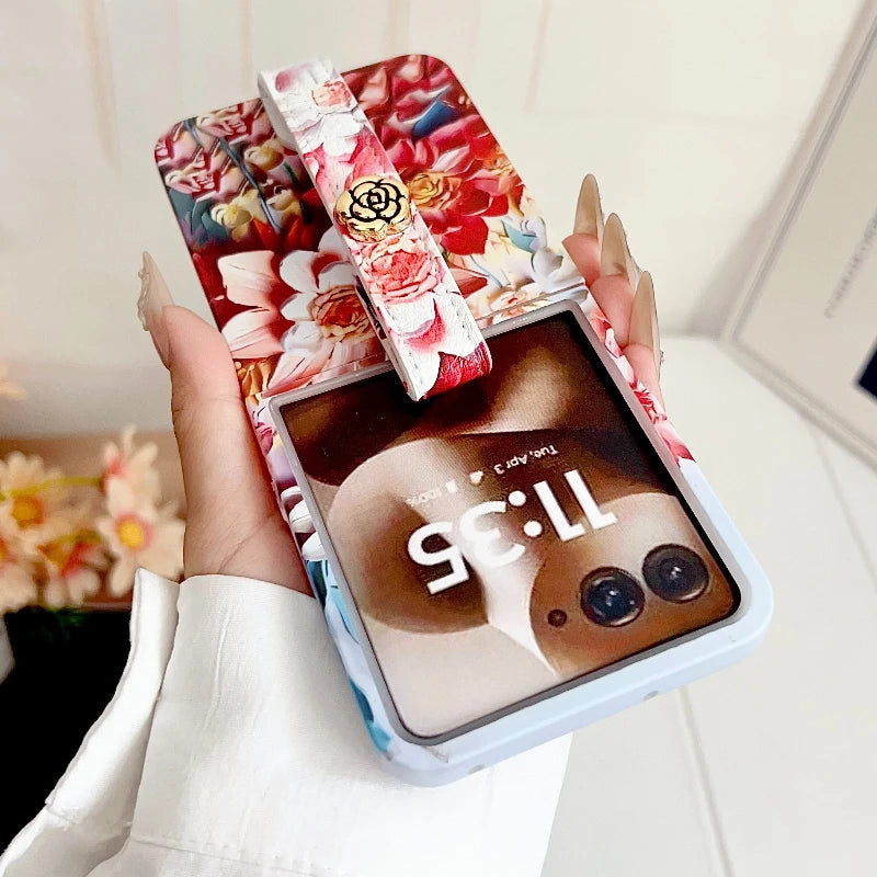 Embossed Watercolor Flower Phone Case For Motorola Razr 60 50 Ultra MOTO RAZR 60Ultra Aesthetic Camellia Wristband Back Cover