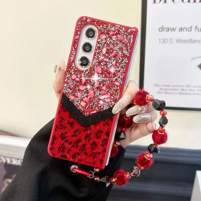 Luxury Bling Rhinestone Leopard Print Case For Samsung Galaxy Z Fold 6 5 4 3 5G Fold4 Fold5 Cover Fold6 Fashion Bracelet Shell