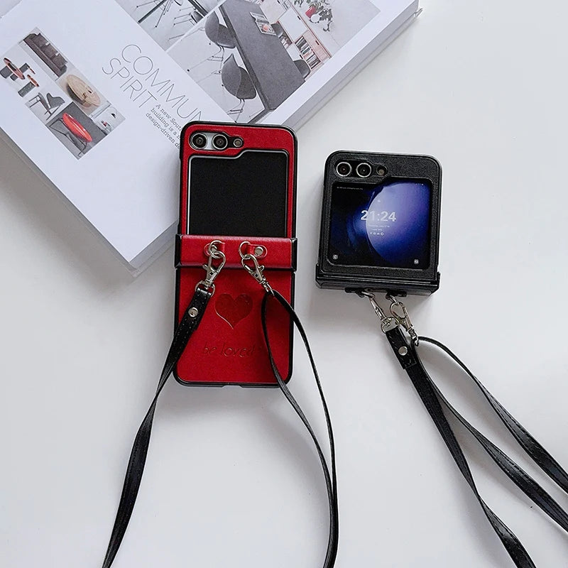 Fashion Simple Love Heart Strap Rope Cord Chain Necklace Lanyard Phone Case For Samsung Galaxy Z Flip 5 4 3 Z Flip6 TPU Cover