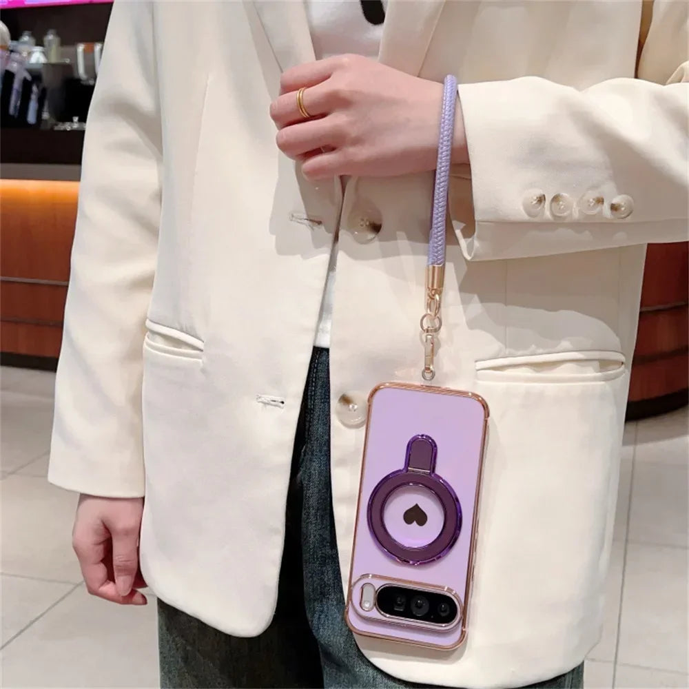 Cute Love Heart Wrist Strap Bracket Case for Google Pixel 8 9 Pro XL 9A 8A 7A Ring Holder Stand Lanyard Plating Soft TPU Cover