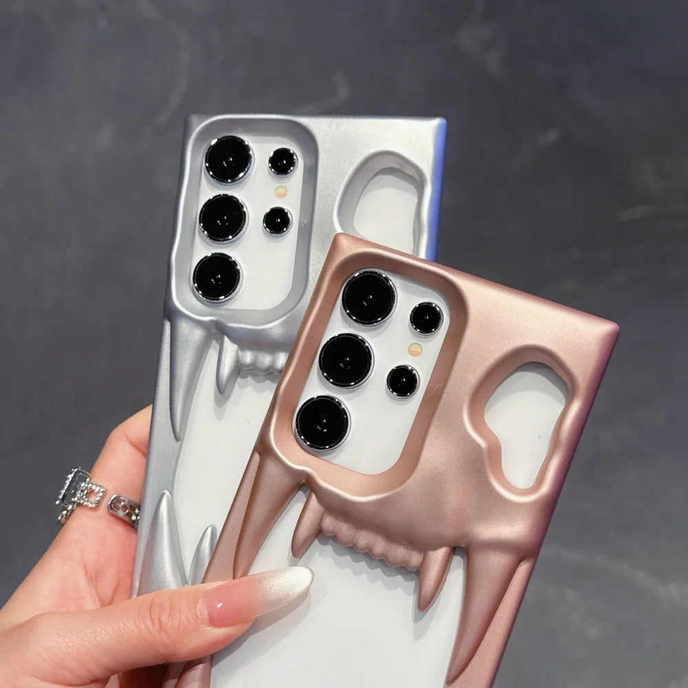 Luxury Hollow 3D Skeleton Tiger Teeth Case For Samsung Galaxy S25 S24 Plus Ultra Matte Metallic Fluorescence Shockproof Cover