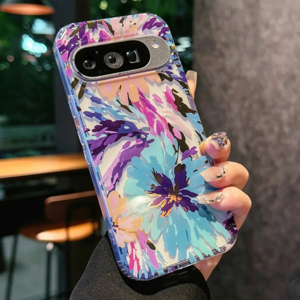 Laser Flower Reflective Phone Case For Google Pixel 10 10Pro XL 9 Pro XL 9A Transparent Floral Print TPU Shockproof Airbag Cover