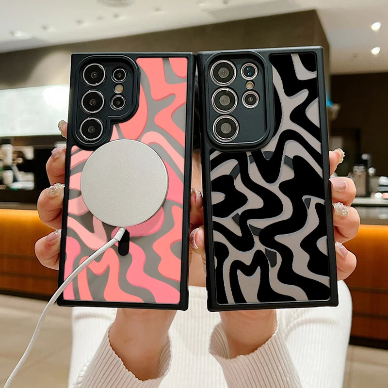 Magnetic Wireless Charging For Magsafe Case For Samsung Galaxy S25 Edge S24 S22 S23 Ultra S23 S24 FE Stripe Pattern Matte Cover