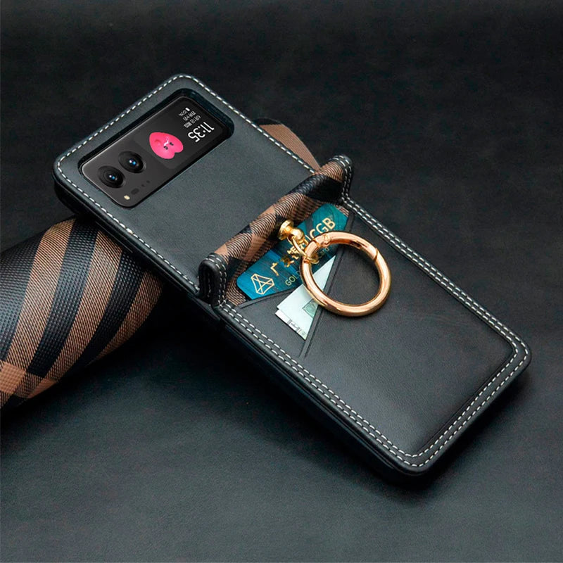 Case For Motorola Razr 40 Ultra 50 Ultra Razr Plus Card Wallet Finger Ring Grid Contrasting Color PU Leather Phone Case Cover
