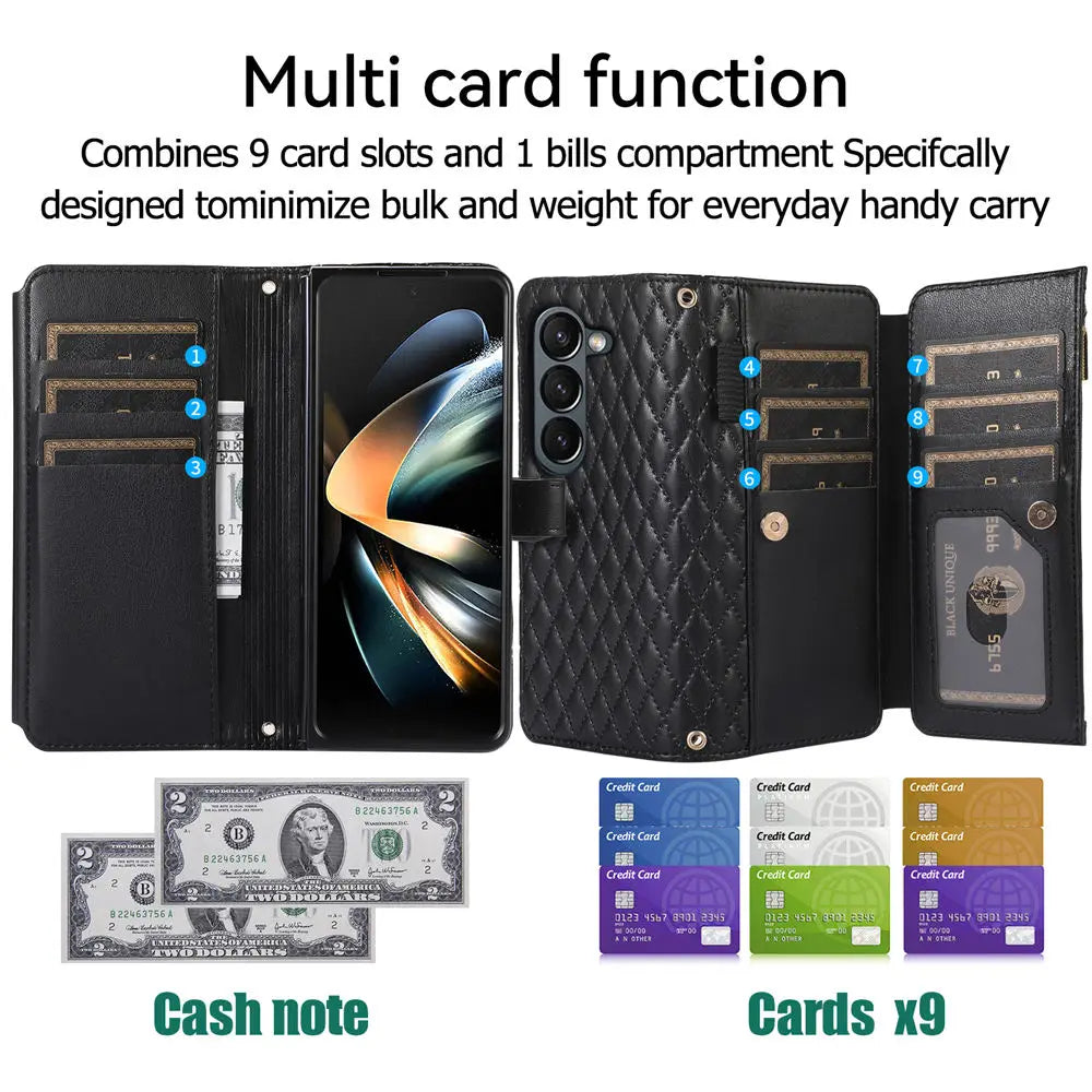 Rhombic Zipper Crossbody Wallet Case For Samsung Galaxy Z Fold 6 Fold 5 4 3 Cards Slots Long Lanyard Leather Cover