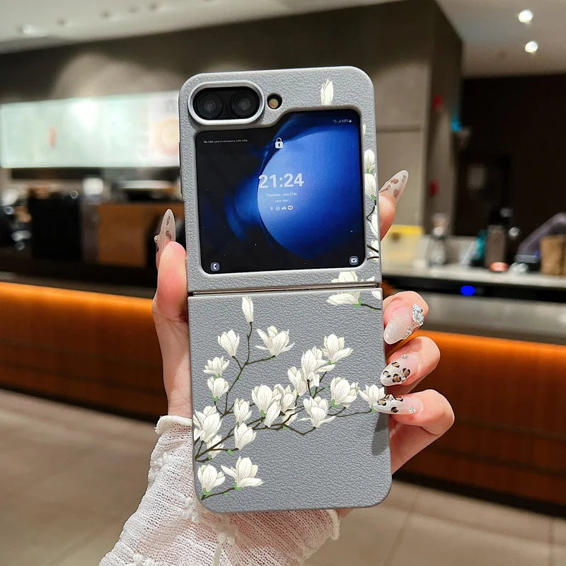 For Samsung Galaxy Z Flip 5 6 4 3 5G Luxury Leather Phone Case Flowers Pattern Soft TPU Folding Cover For Samsung Z Flip4 Flip5