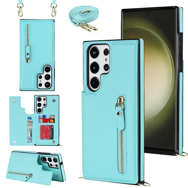 Crossbody Zipper Wallet with Card Holder Phone Case for Samsung Galaxy S23 S21FE S25 S24 S22 Plus Note 20 Ultra Leather Cover