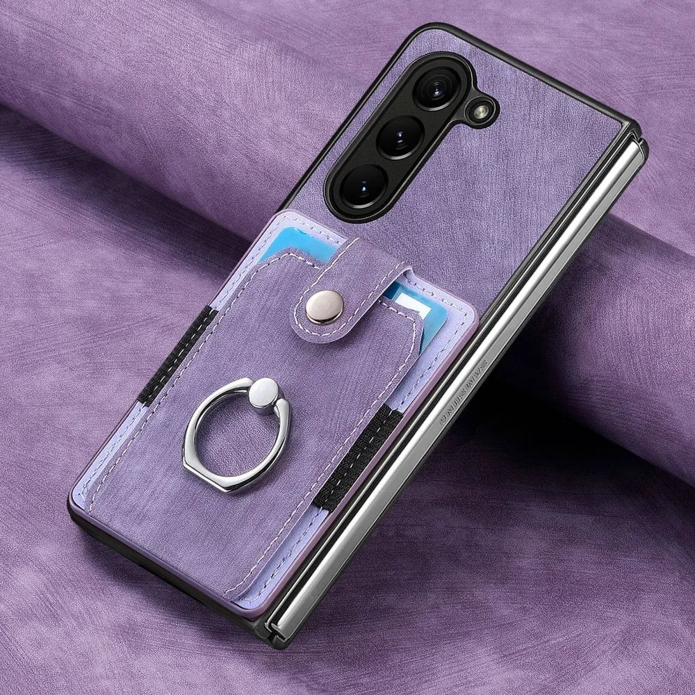 360 Rotating Ring Card Slot Holder Pocket Wallet Phone Case For Samsung Galaxy Z Fold 6 5 Fold6 Fold5 5G PU Leather Back Cover