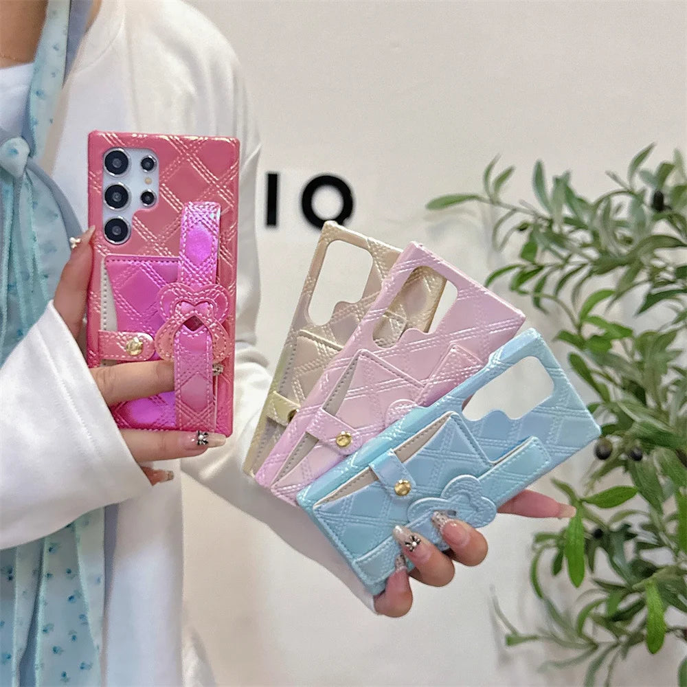 Glitter Dazzling Leather Slot Card Bag Holder Case For Samsung S24 S23 S22 S25 Ultra Luxury Lattice Love Heart Wrist Strap Cover