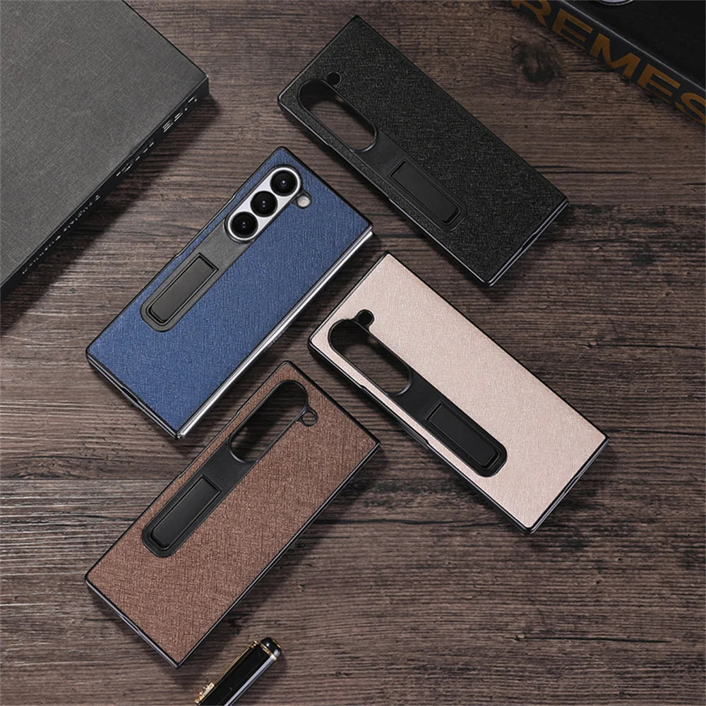 For Samsung Galaxy Z Fold 6 5 Luxury Leather Invisible Stand Holder Case Shockproof Bumper Back Cover For Galaxy Fold 4 3 Fold 6