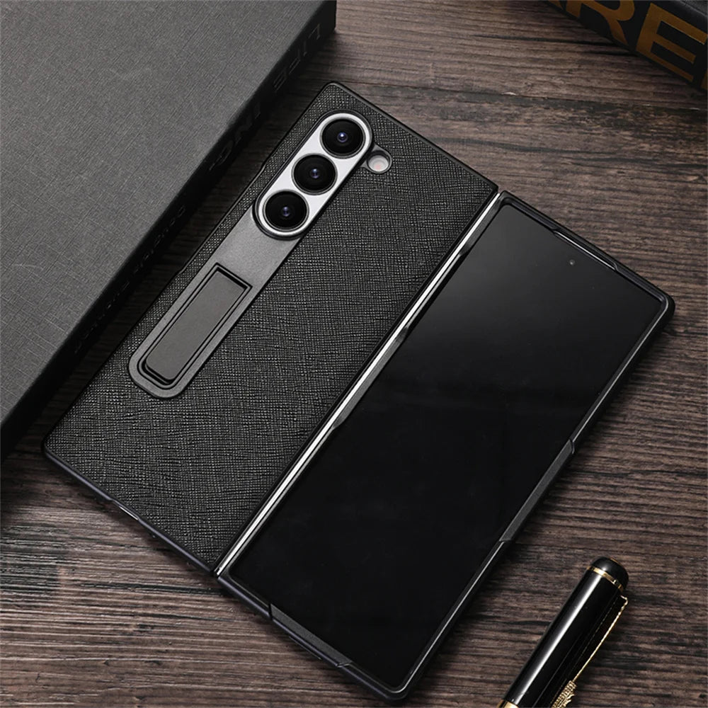 For Samsung Galaxy Z Fold 6 5 Luxury Leather Invisible Stand Holder Case Shockproof Bumper Back Cover For Galaxy Fold 4 3 Fold 6