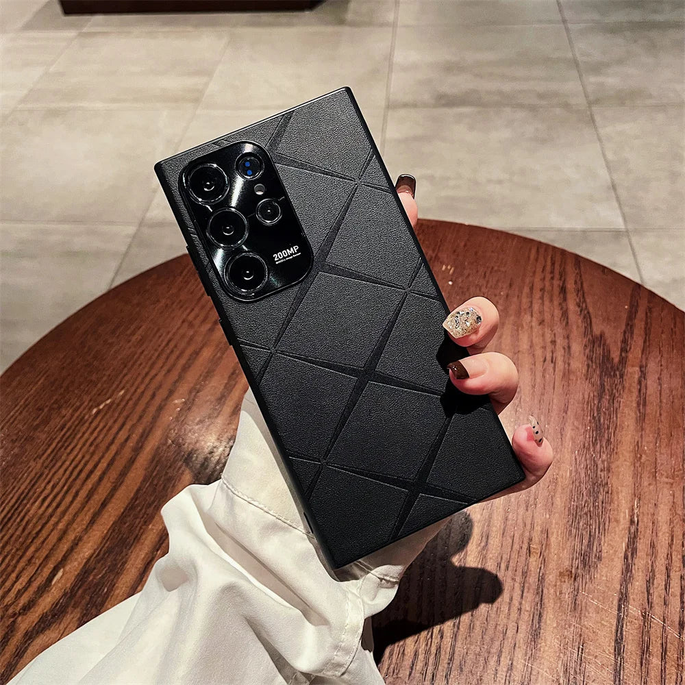 Luxury Plain Leather Diamond Grid Pattern Case For Samsung S25 Plus S24 S23 Ultra S22 Plating Alloy Camera Lens Protection Cover