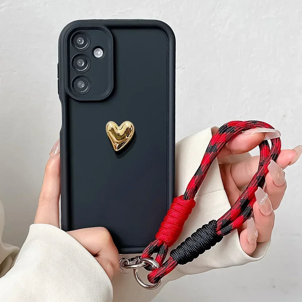 3D Gold Love Heart Lanyard Case for Samsung S25 Plus Ultra S24 FE A16 06 26 36 56 M13 M35 M55 M32 Wrist Chain Strap Phone Cover