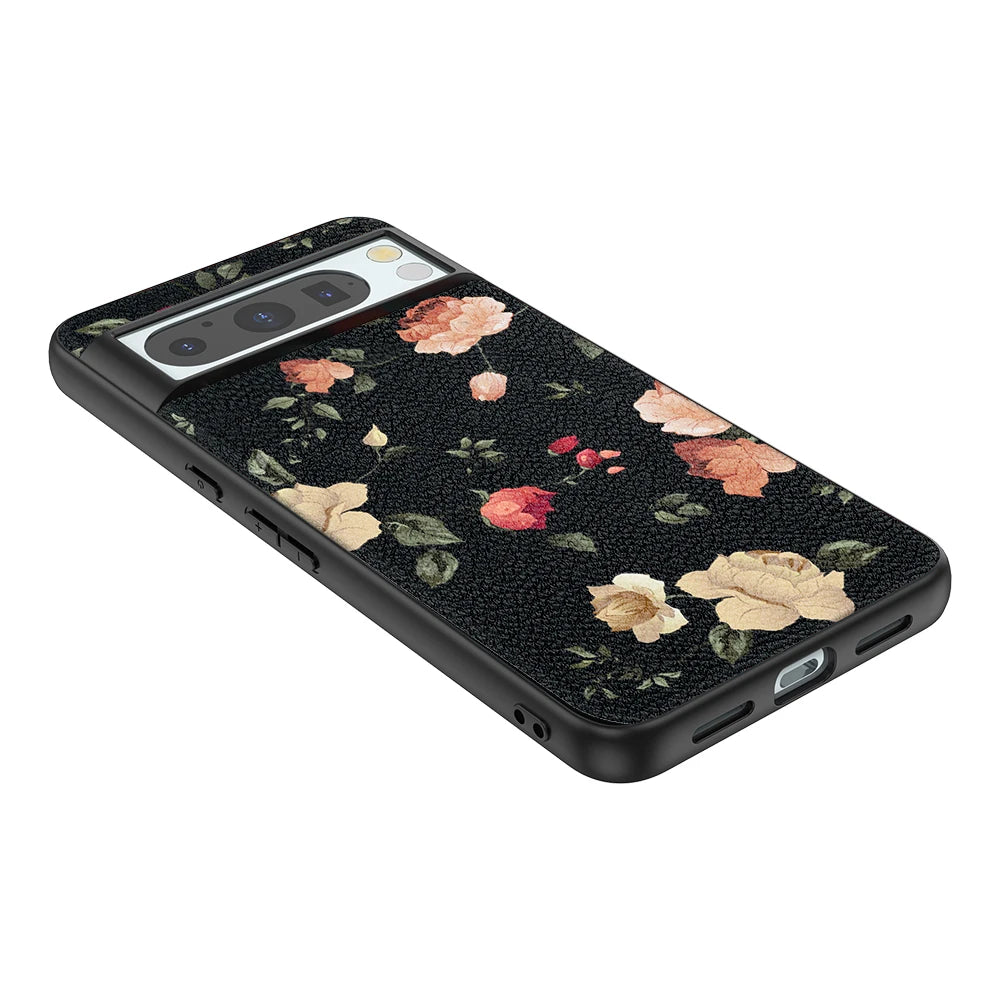 Back Cover Leather Case for Google Pixel 4 XL 4A 5 5A 5G 6 Pro 6A 7 Pro 7A 8 Pro 8A High Quality with Black Flower Pattern Print