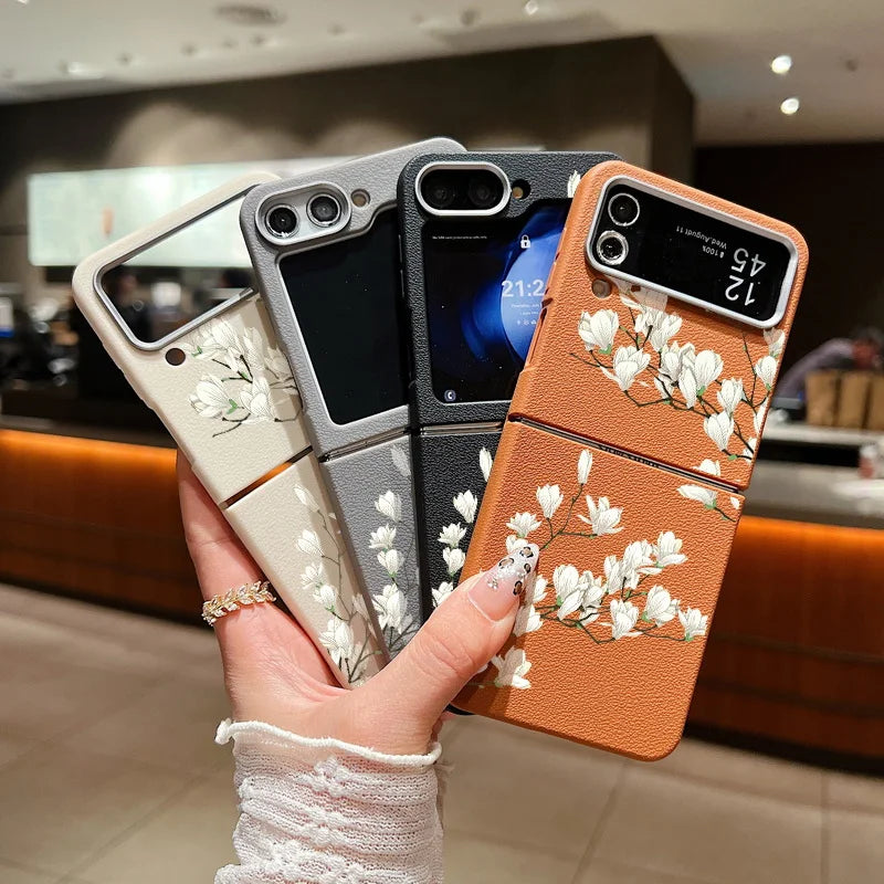 For Samsung Galaxy Z Flip 5 6 4 3 5G Luxury Leather Phone Case Flowers Pattern Soft TPU Folding Cover For Samsung Z Flip4 Flip5